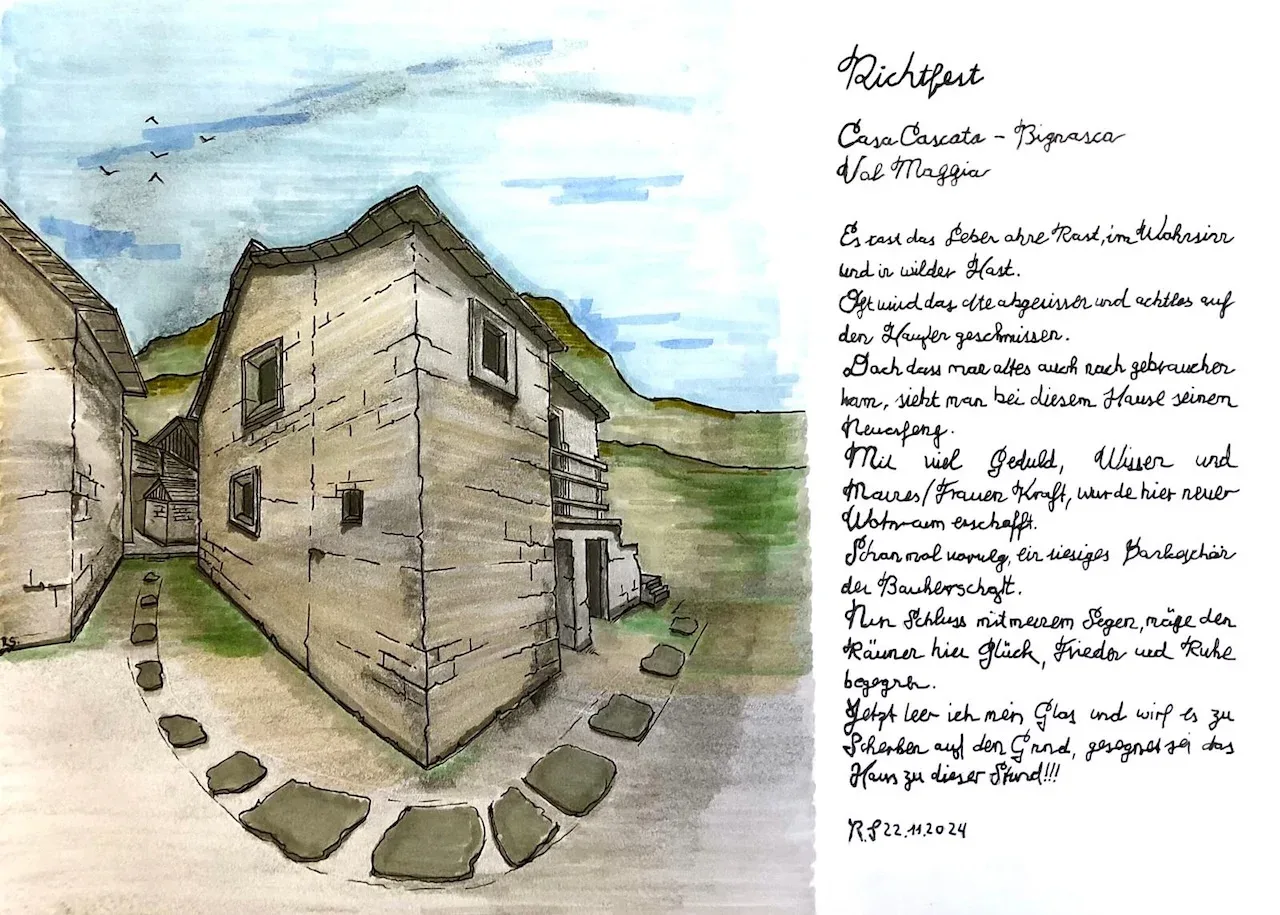 Disegno acquerellato di Casa Cascata con un testo scritto a mano per la festa del tetto