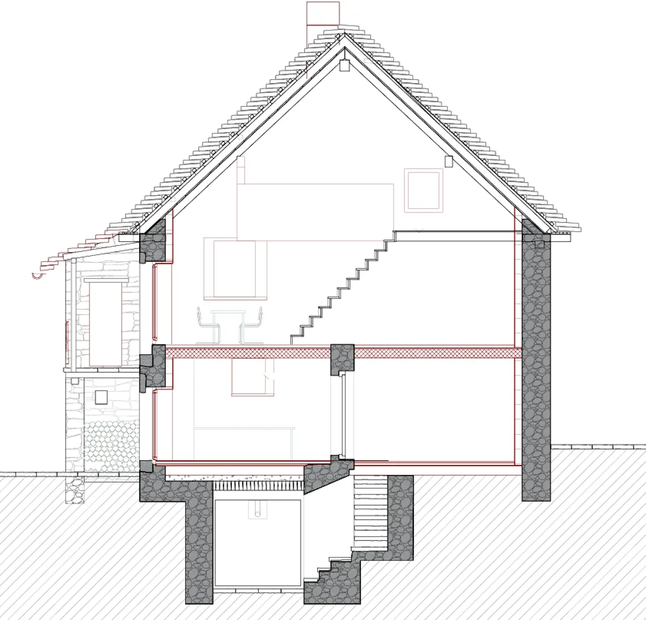 Sezione architettonica di Casa Cascata a Bignasco, con i piani e il tetto