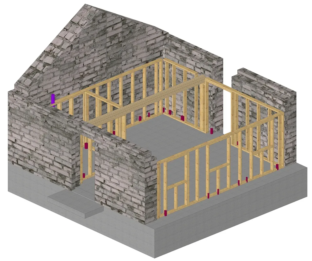 Modello 3D: telaio in legno costruito dentro i muri in pietra del rustico